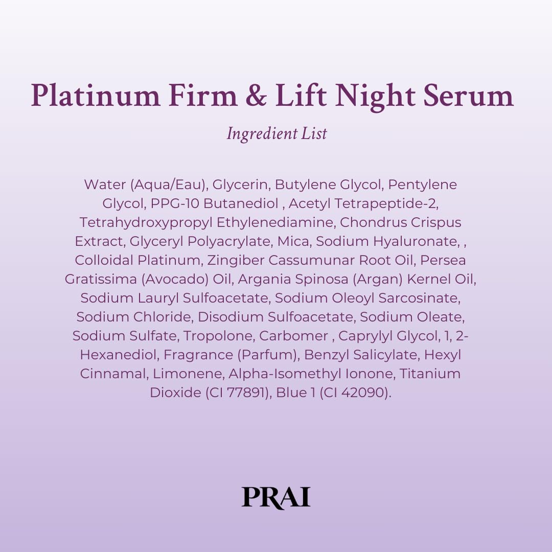 PRAI Beauty Platinum serum ingredients highlight argan oil for hydration