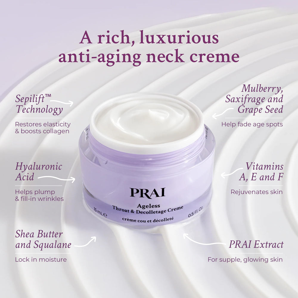 PRAI neck creme being applied to neck for smoothing benefits.