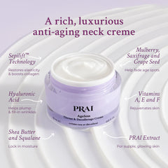 PRAI neck creme being applied to neck for smoothing benefits.