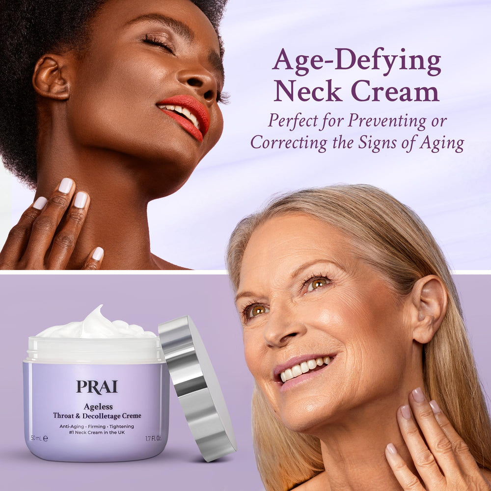 PRAI Neck Creme Hyaluronic-Acid illustration highlights deep hydration benefits.