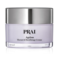 PRAI Neck Creme bottle close-up shows tightening action for firmer neck skin.