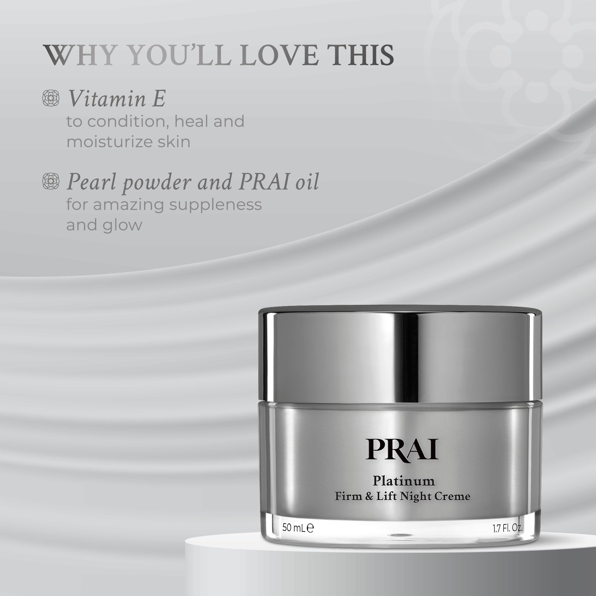 PRAI Platinum Firm & Lift Night Creme ingredients highlight platinum and vitamins.