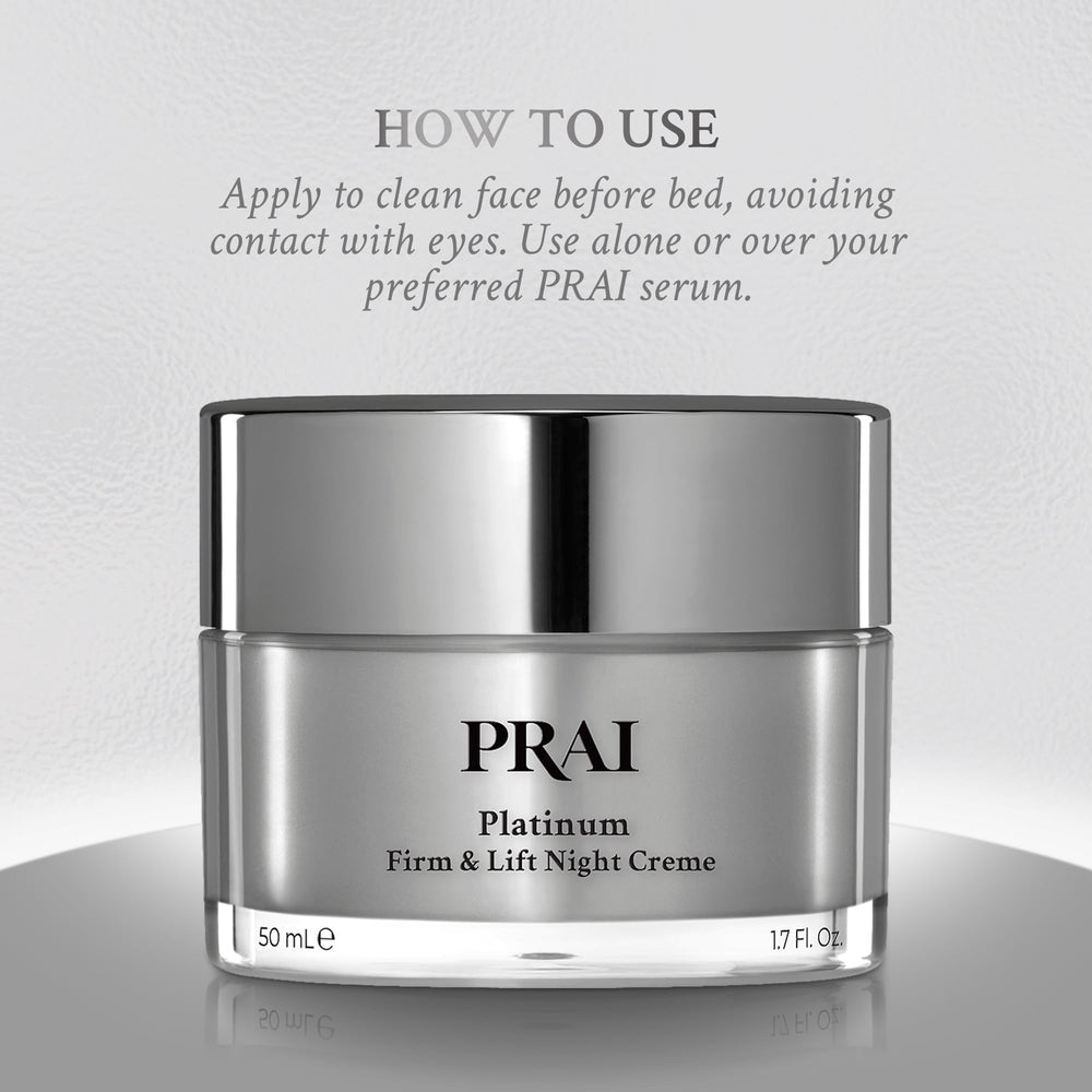 PRAI Platinum Night Creme texture swirl shows non-greasy finish.