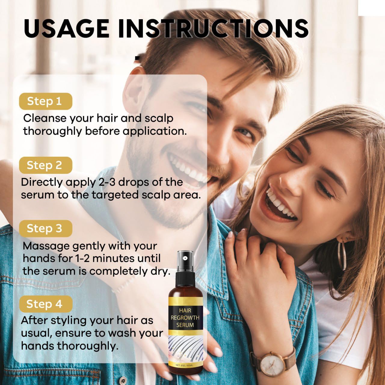 Spray dispersion shown on scalp, suggesting quick, non-greasy daily use.
