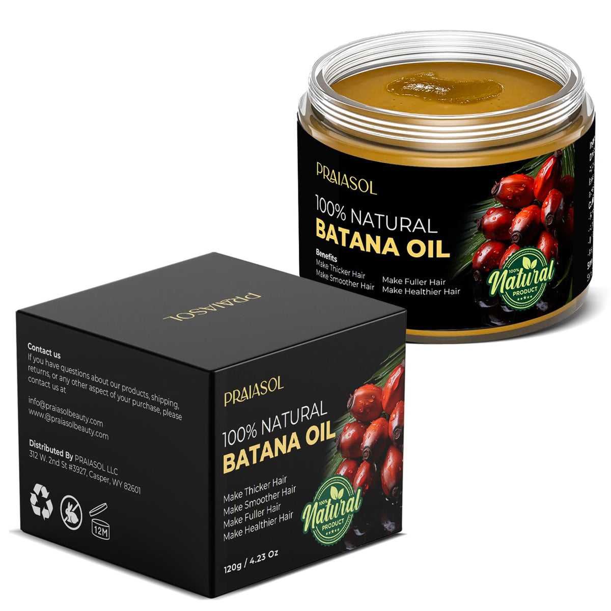 Praiasol Batana Oil bottle shows nourishing hair care potential.