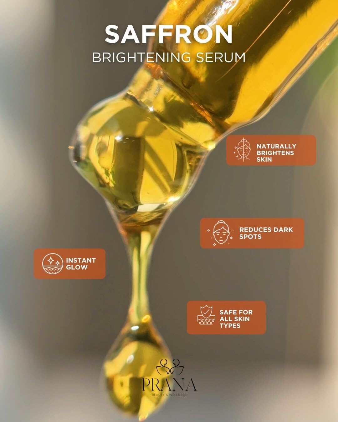 PRANA Saffron Brightening Serum application scene suggests soothing daily skincare routine.