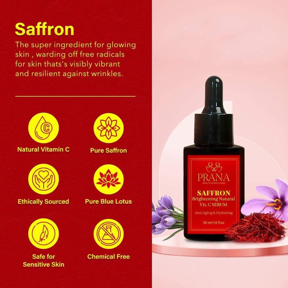 PRANA Saffron Brightening Serum label closeup emphasizes natural ingredients and clean skincare.