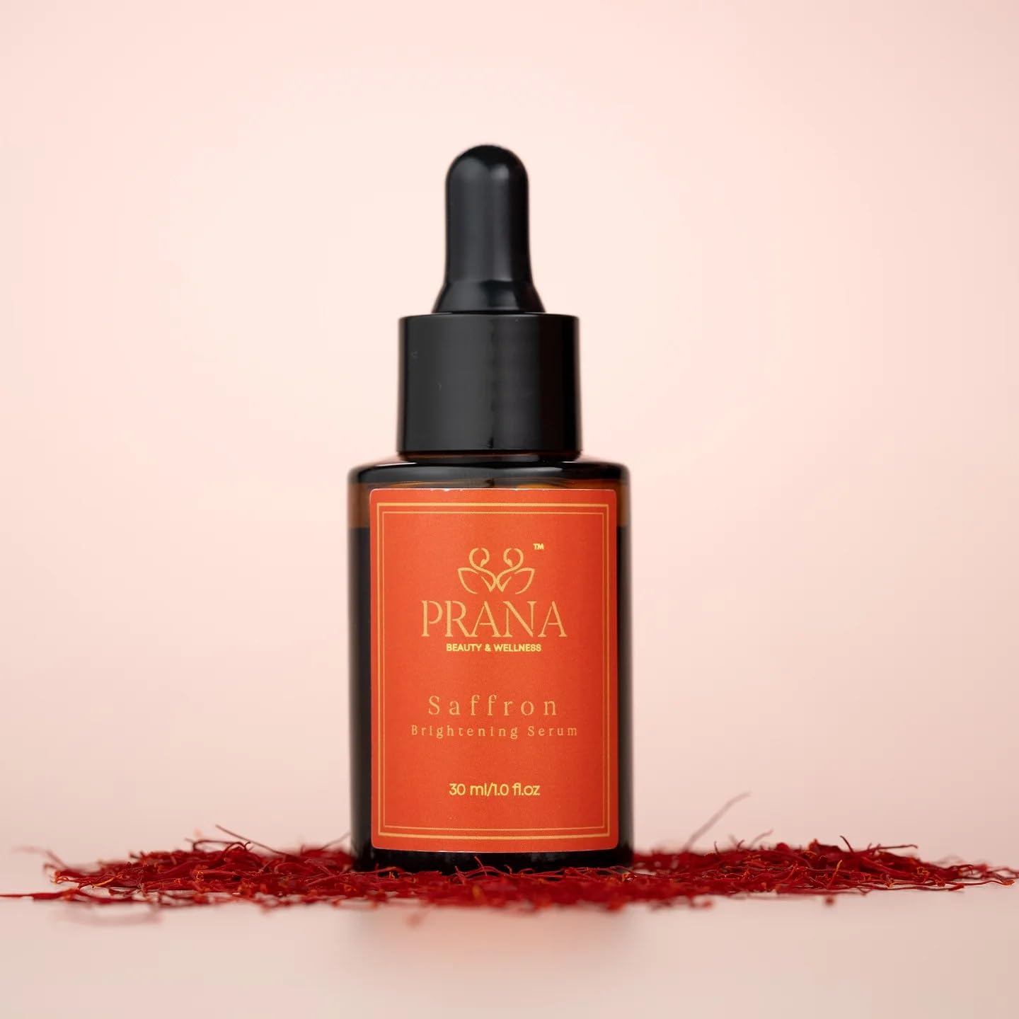 PRANA Saffron Brightening Serum packaging box highlights Ayurvedic heritage and eco-conscious branding.