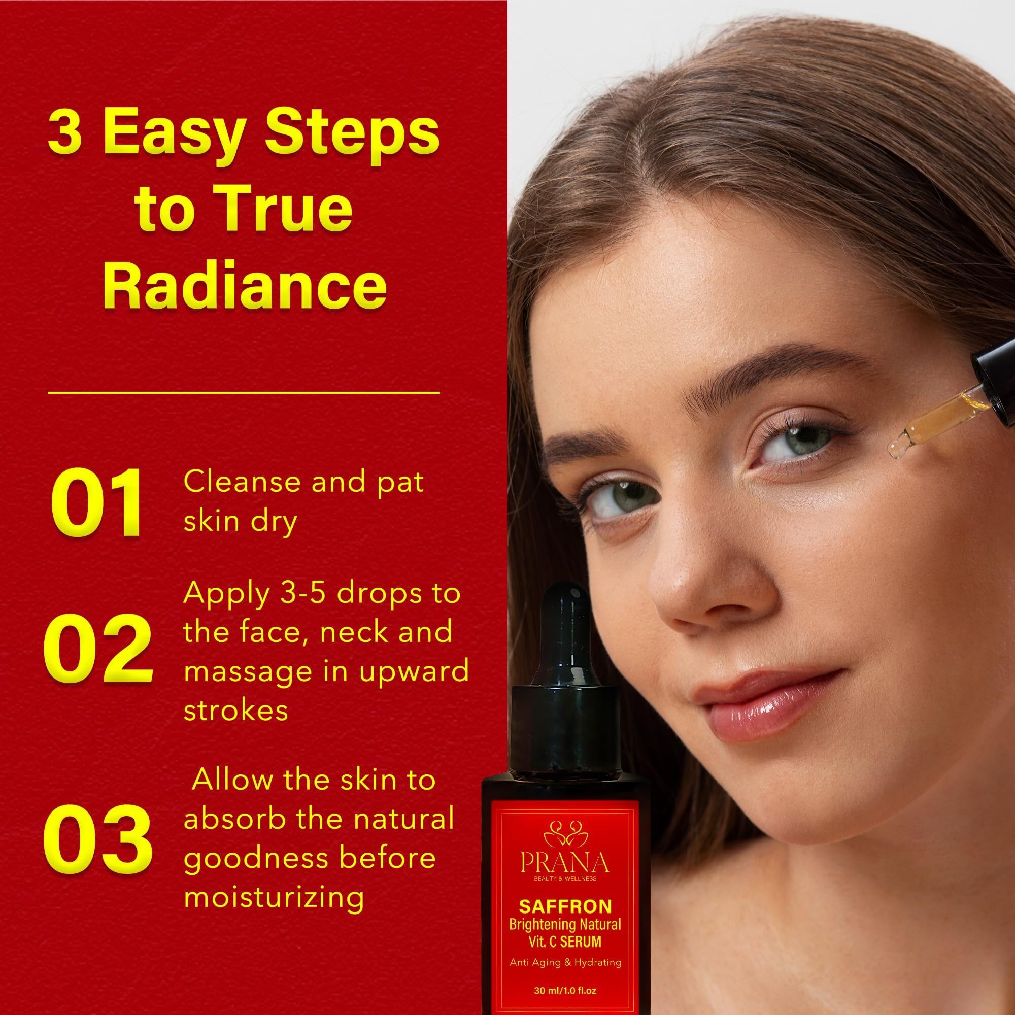 PRANA Saffron Brightening Serum pump action showcases easy daily application.
