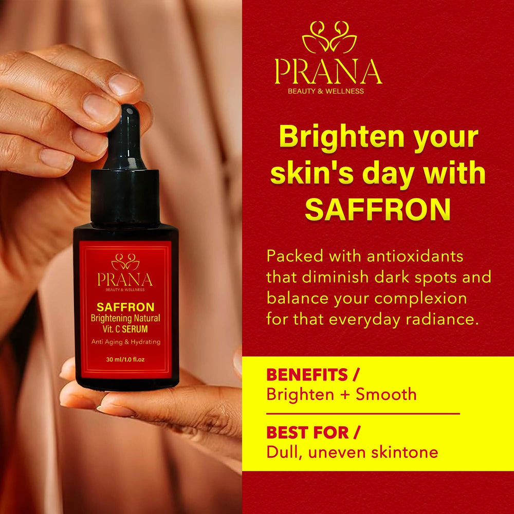 PRANA Saffron Brightening Serum texture swatch demonstrates silky, hydrating consistency.