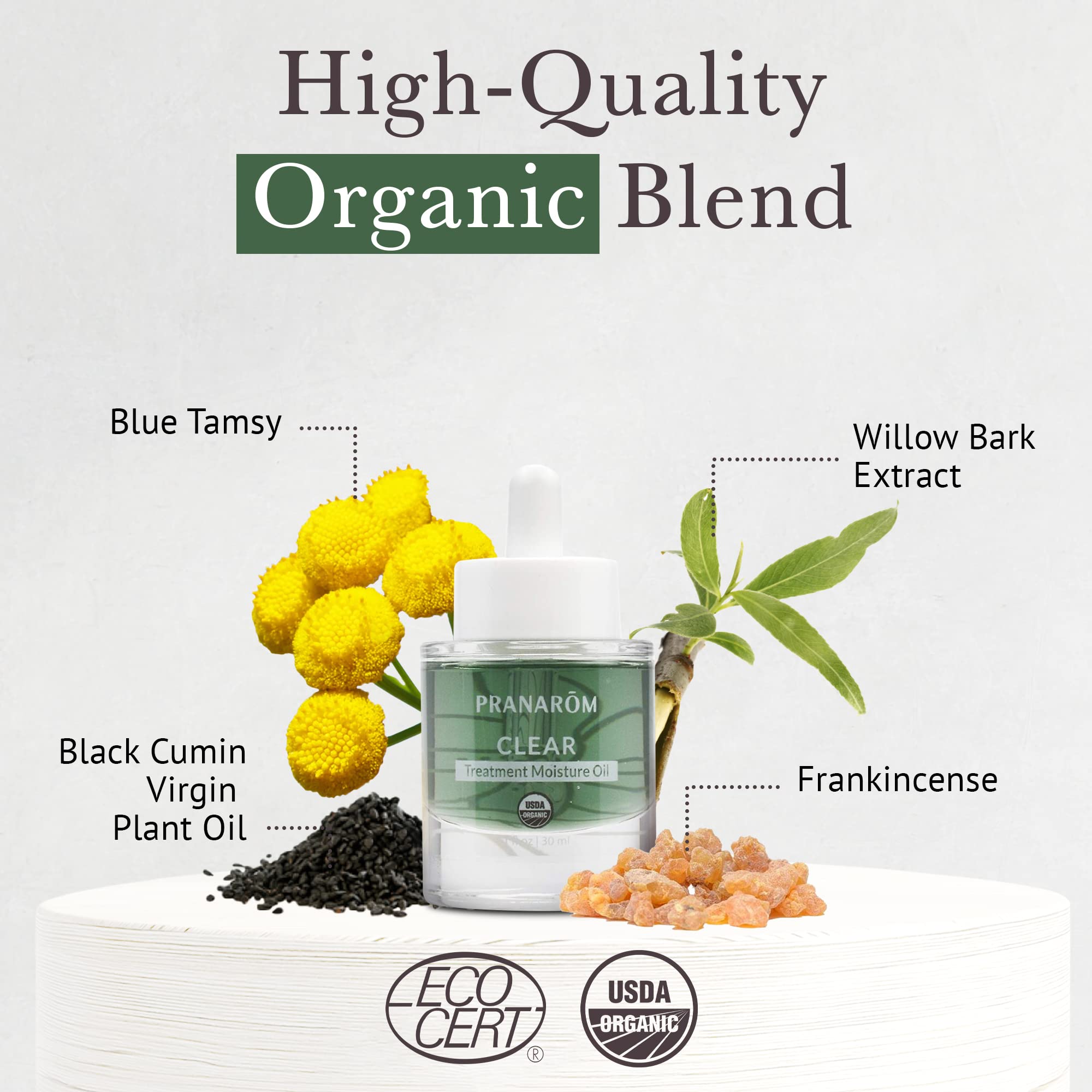 Pranarom Clear Treatment Moisture Oil bottle with organic ingredients label.
