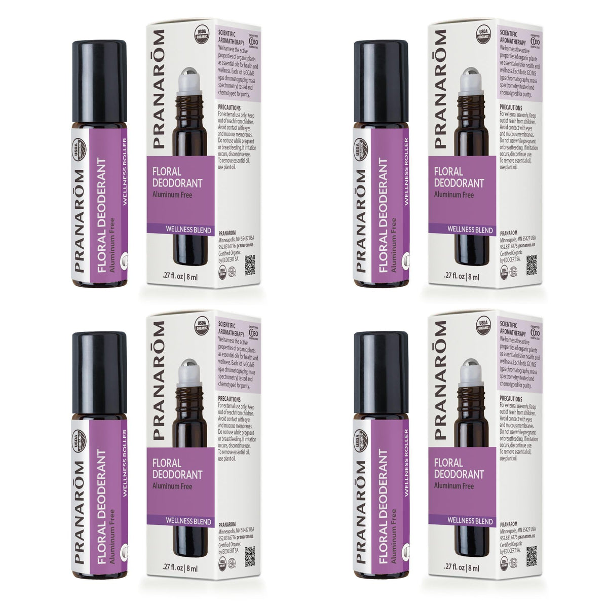 Pranarom floral deodorant roller four-pack bottles for natural odor control.