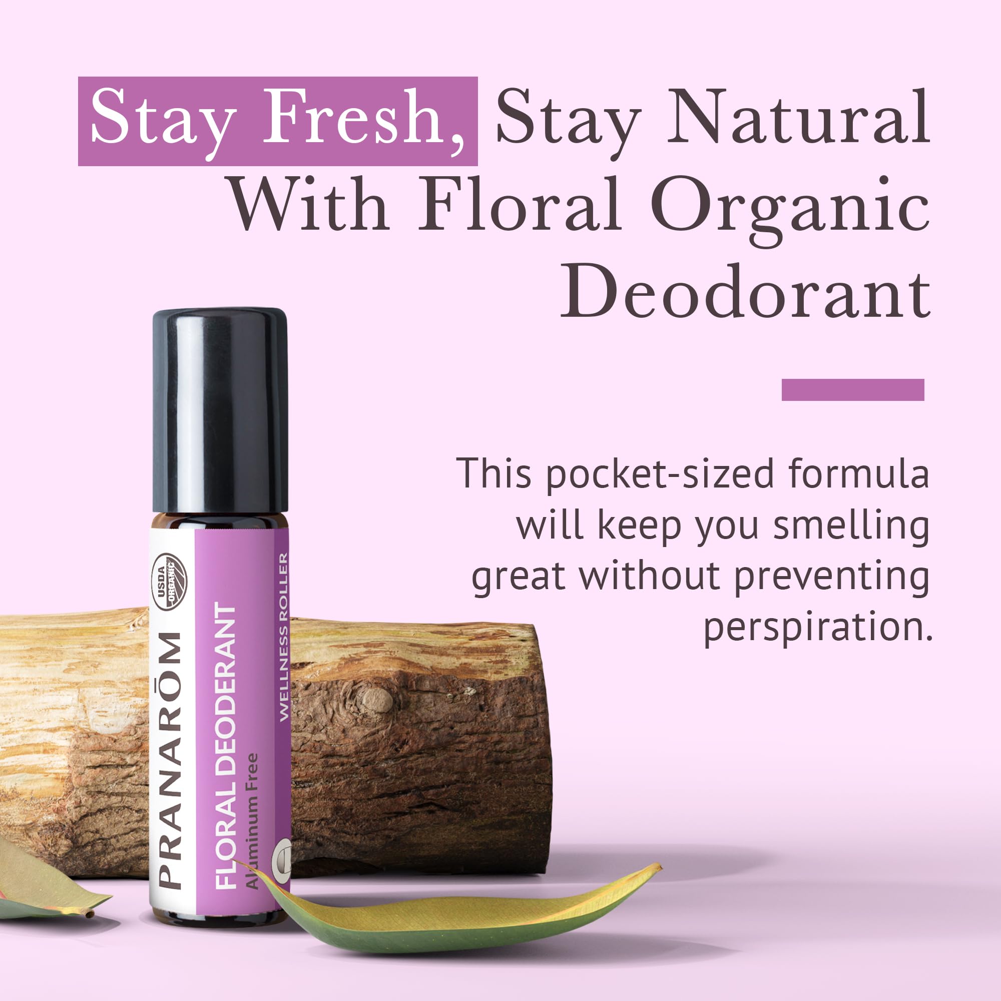 Pranarom floral deodorant roller with lavender oil for freshness.