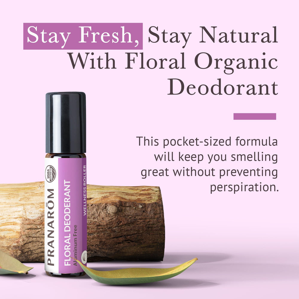Pranarom floral deodorant roller with lavender oil for freshness.