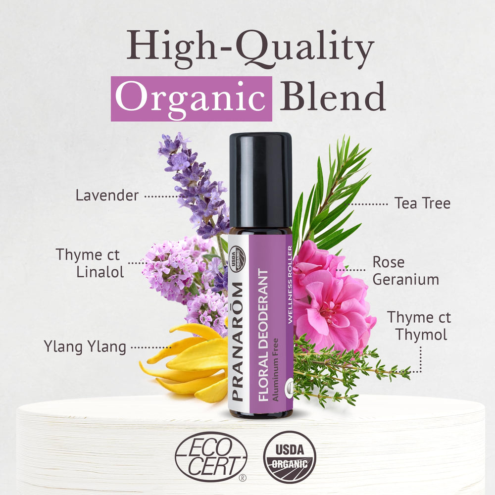 Pranarom floral deodorant roller uses organic ingredients from around the world.