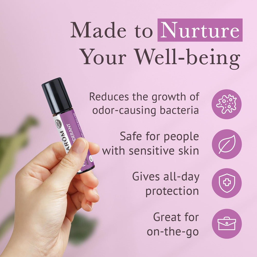 Pranarom floral deodorant roller underarm application for everyday use.
