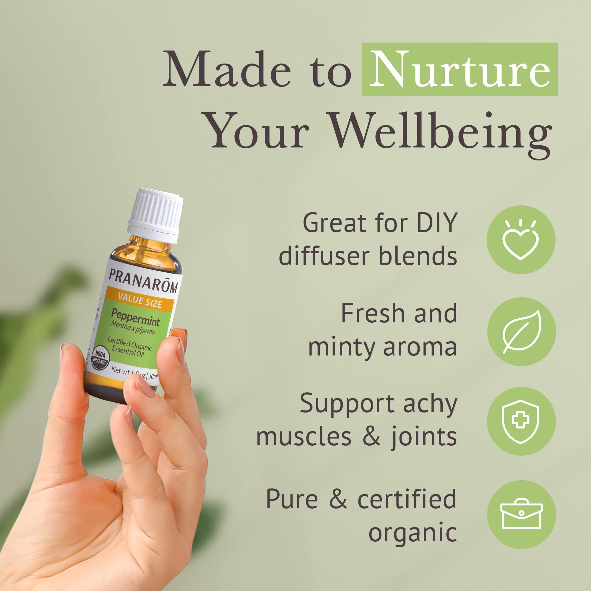 Pranarom peppermint oil label close-up showing purity and organic sourcing.