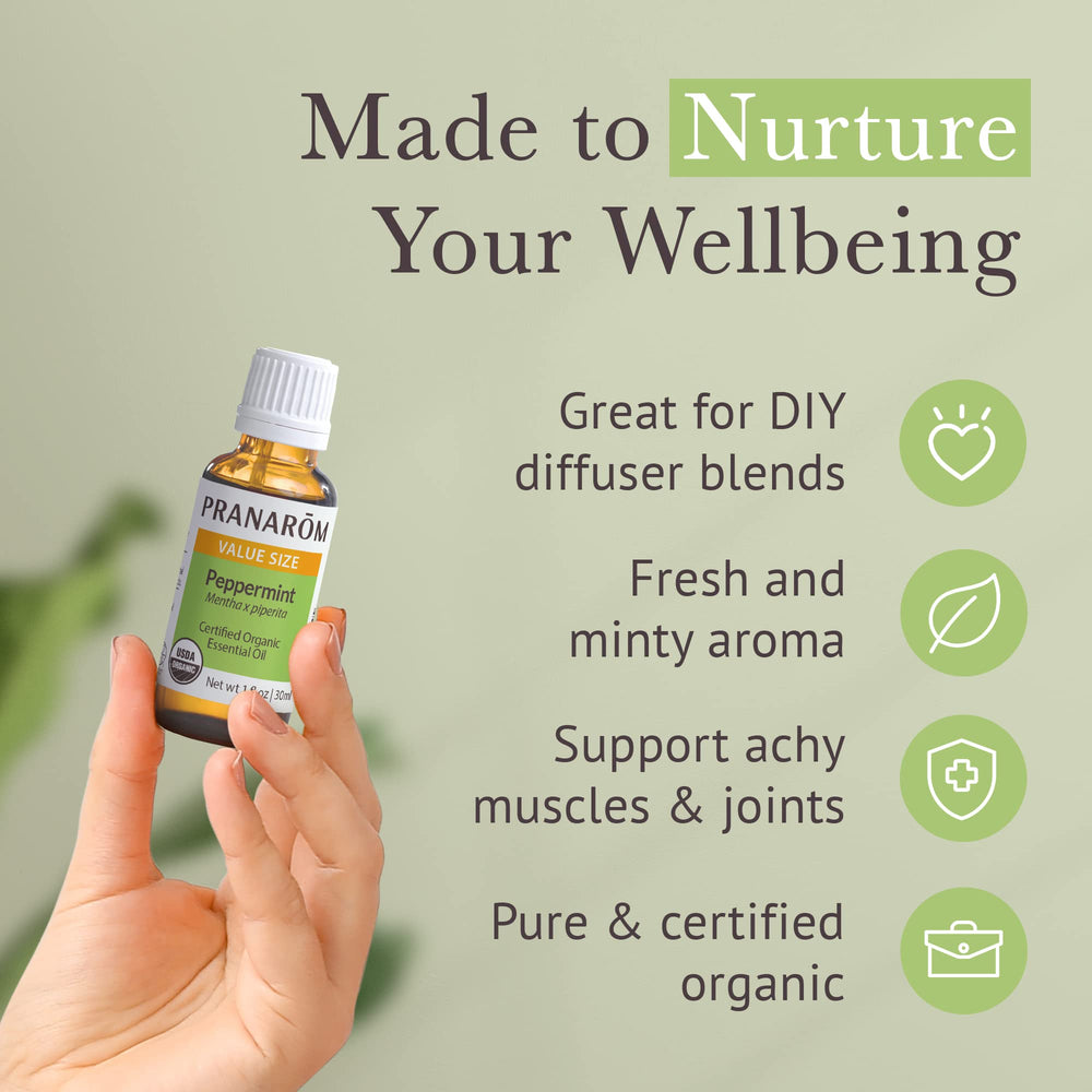 Pranarom peppermint oil label close-up showing purity and organic sourcing.