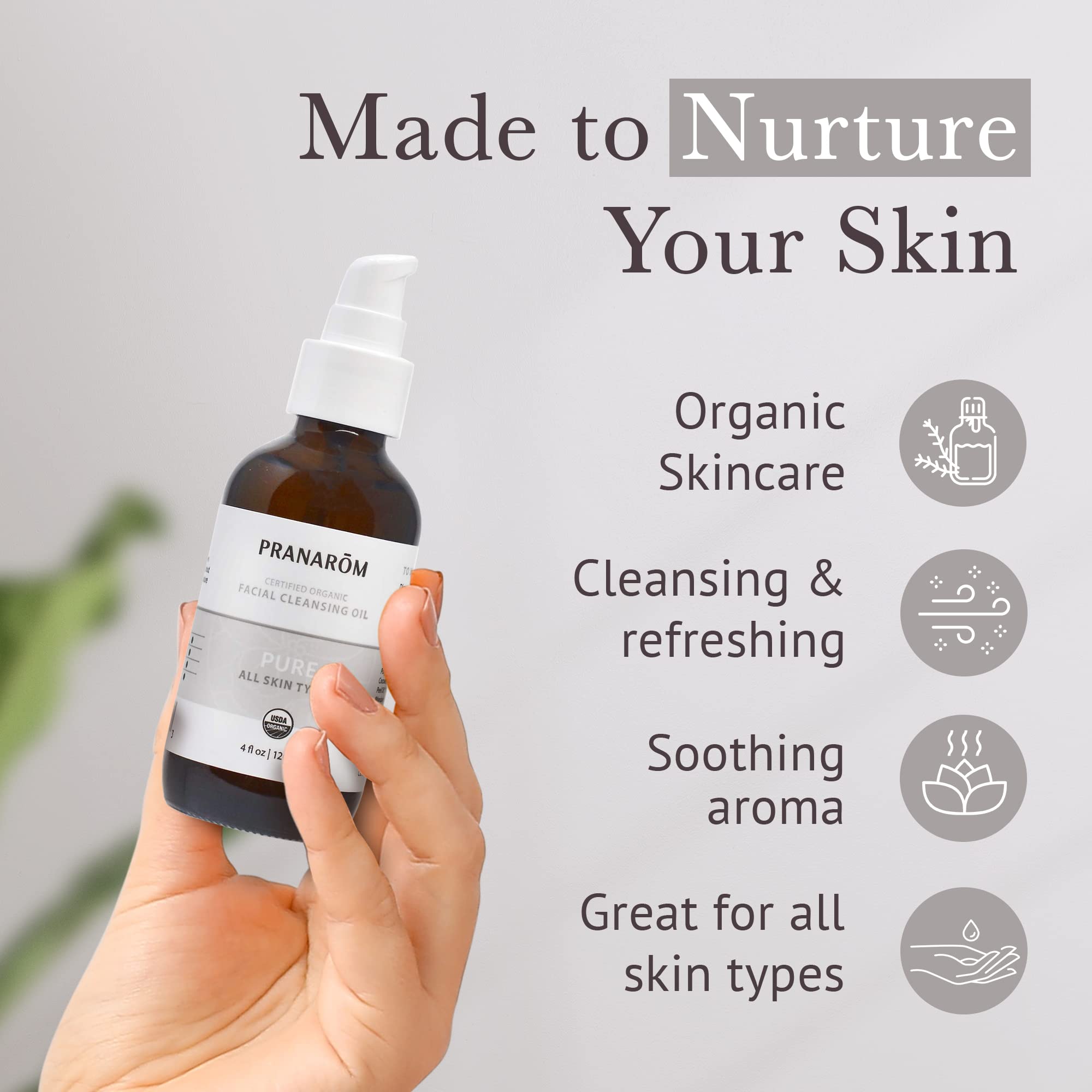 Pranarom Pure Facial Cleansing Oil with makeup remover scene—gentle removal of mascara.
