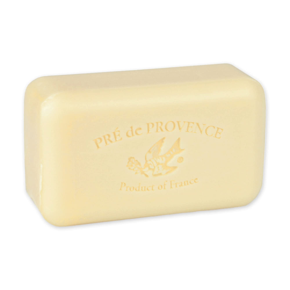 Pre de Provence artisanal soap bar citrus closeup highlights fresh citrus fragrance.