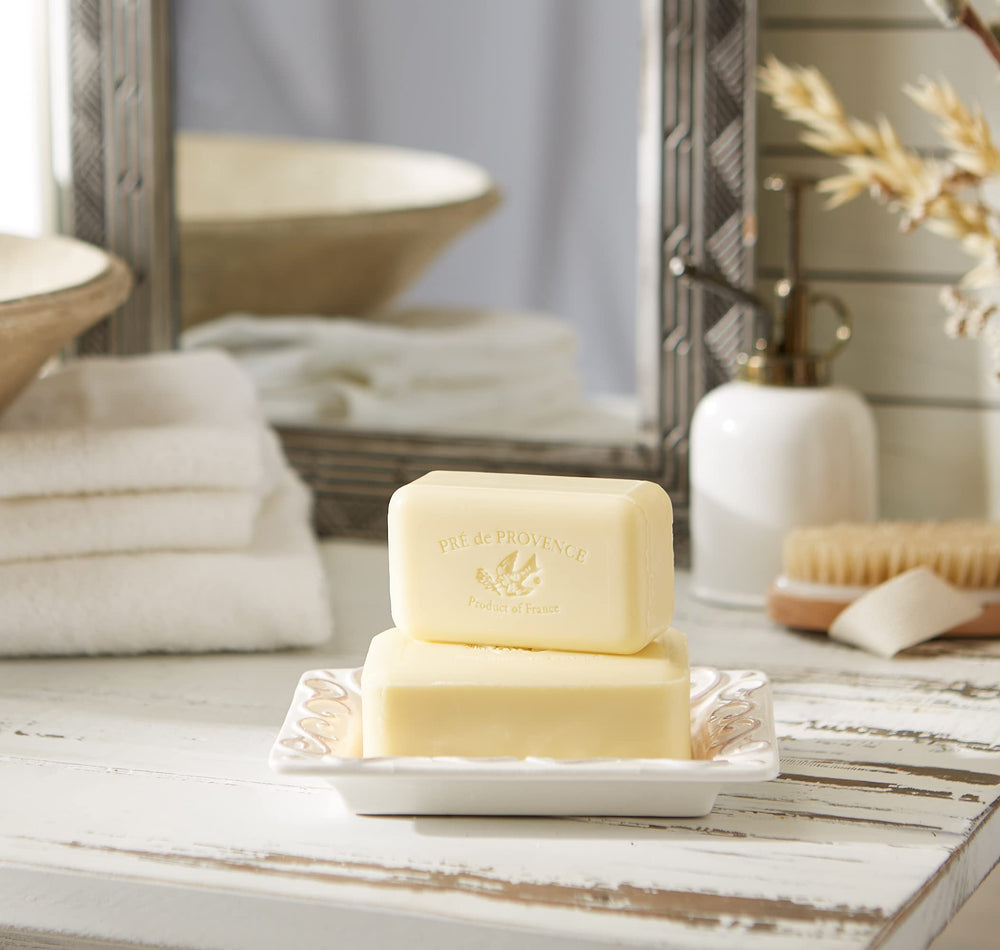 Pre de Provence artisanal soap bar luxury lather closeup demonstrates creamy foam.