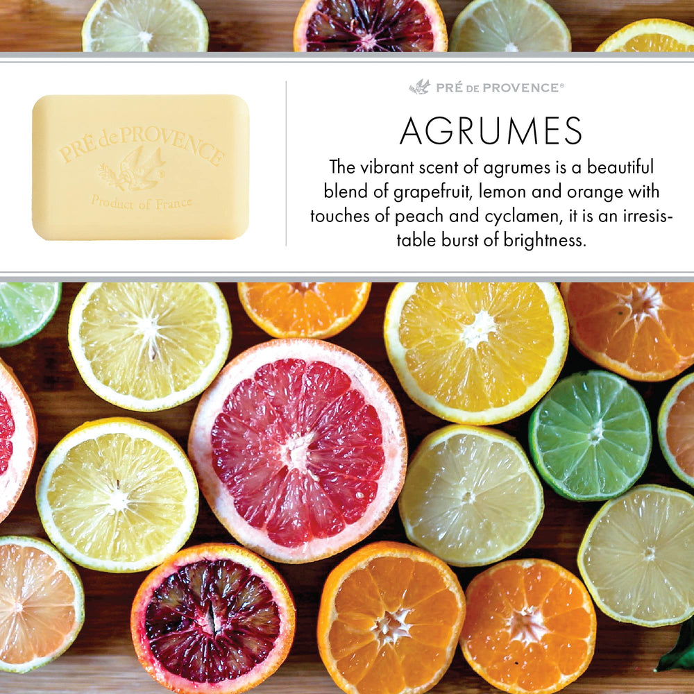 Pre de Provence artisanal soap bar fragrance display closeup emphasizes inviting citrus aroma.