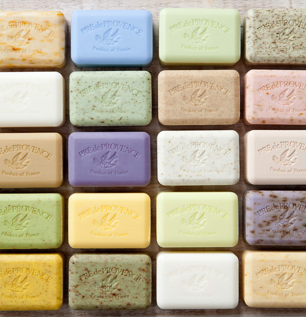 Pre de Provence artisanal soap bar organic shea butter closeup indicates nourishing ingredients.