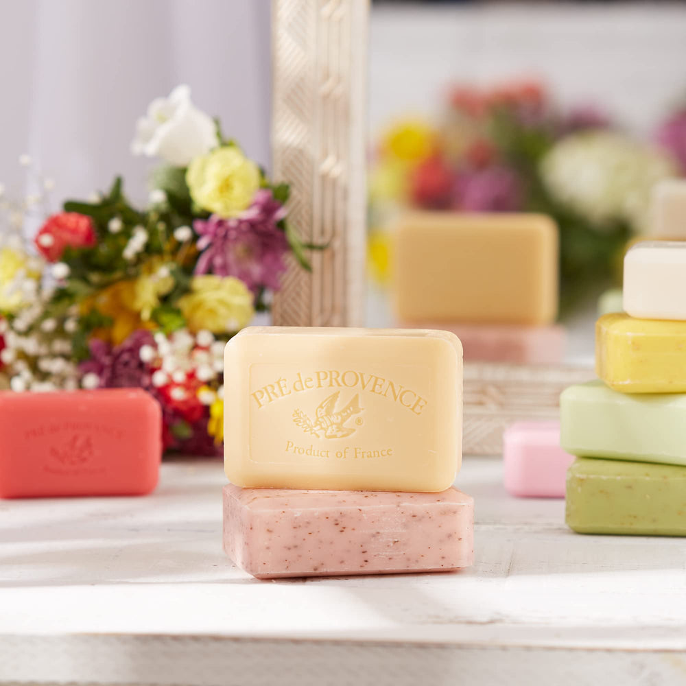 Elegant display of Pre de Provence hand soap by the sink