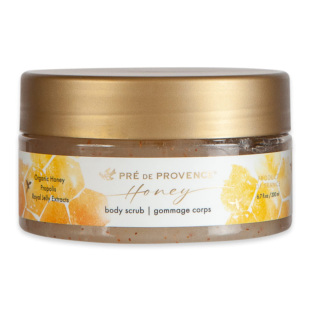 Pre de Provence Honey Collection scrub jar close-up showing natural exfoliant for smoother skin.