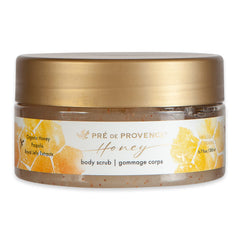 Pre de Provence Honey Collection scrub jar close-up showing natural exfoliant for smoother skin.