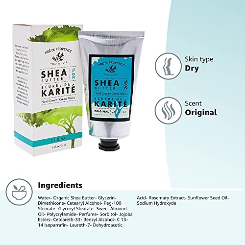 Shea butter enriched formula from Pre de Provence hand cream for nourishing care.