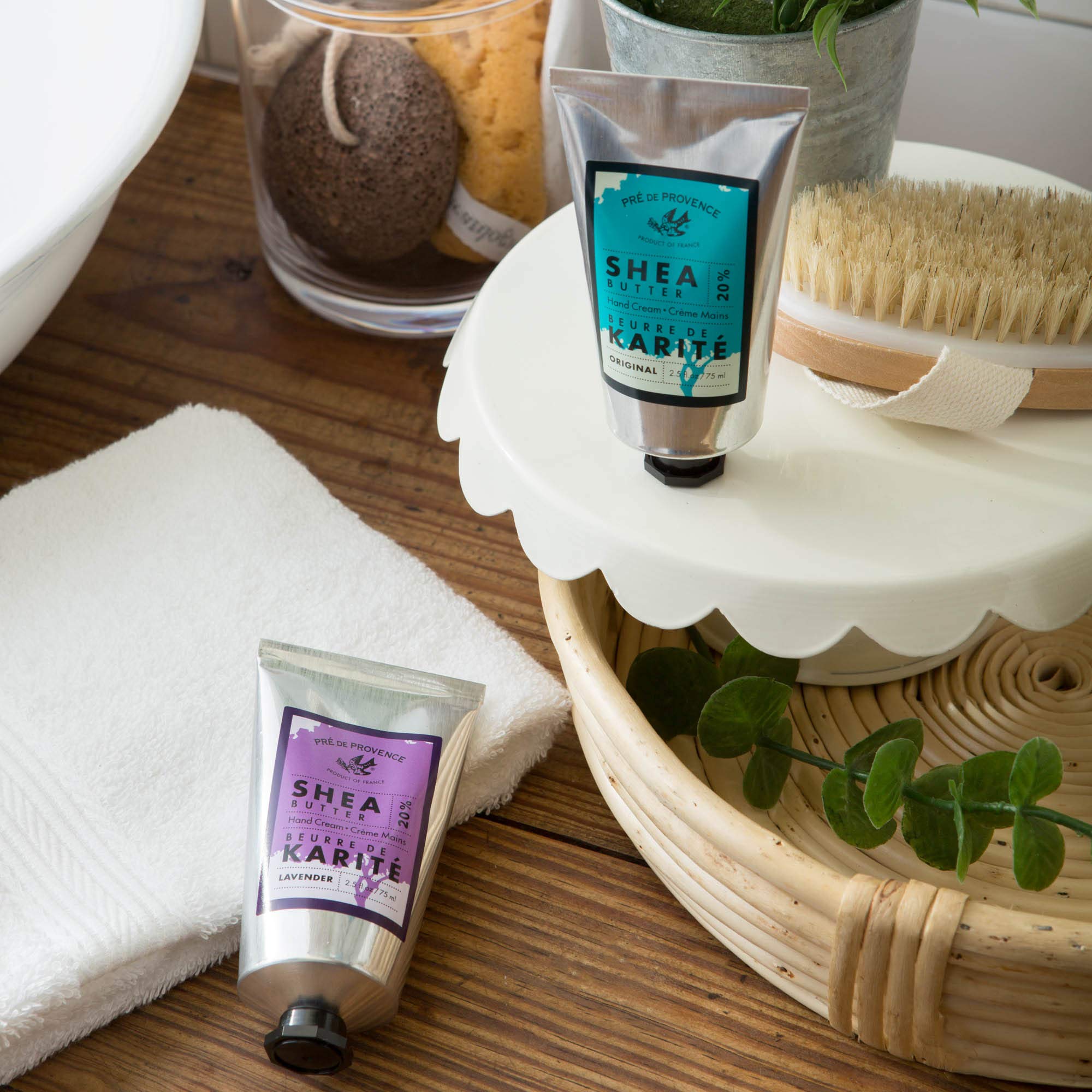 Two-tube packaging highlights portability for desk or purse.