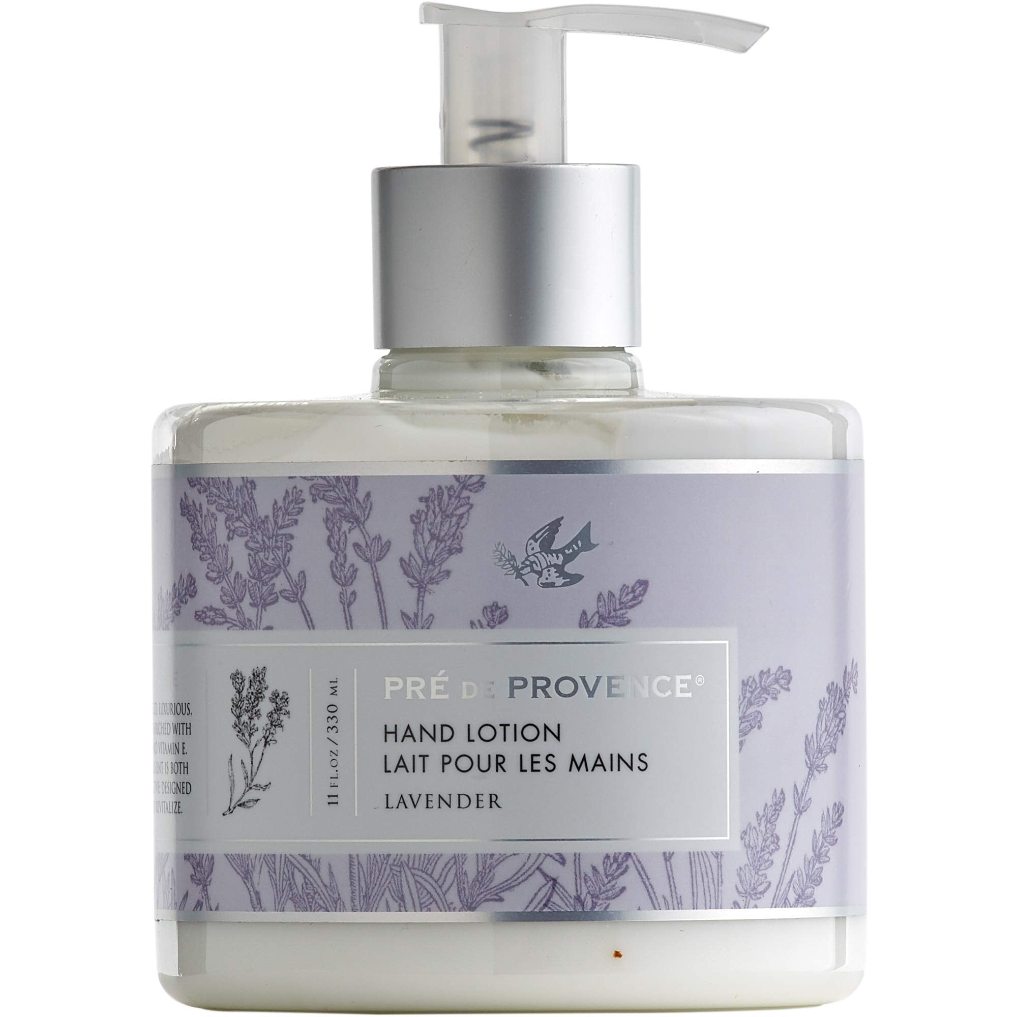 Pre de Provence Shea Butter Hand Lotion lavender bottle highlights silky hydration.