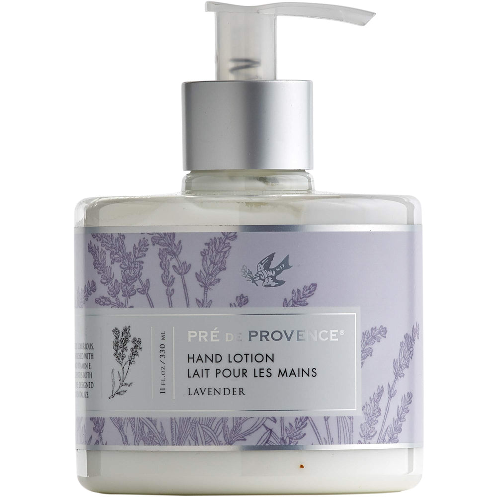 Pre de Provence Shea Butter Hand Lotion lavender bottle highlights silky hydration.