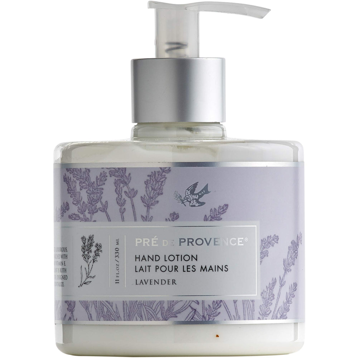 Pre de Provence Shea Butter Hand Lotion lavender bottle highlights silky hydration.
