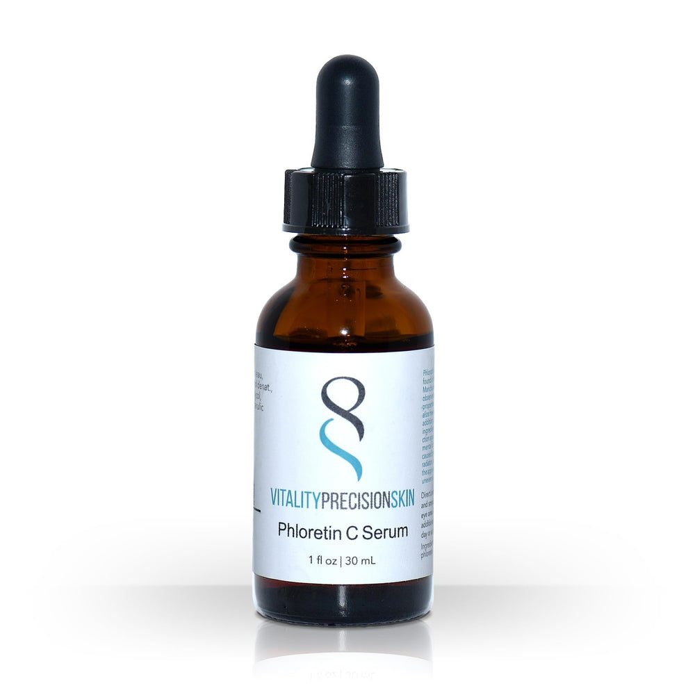 Precision Skin RX Vitality Phloretin C Serum swatch on skin shows brightening potential.