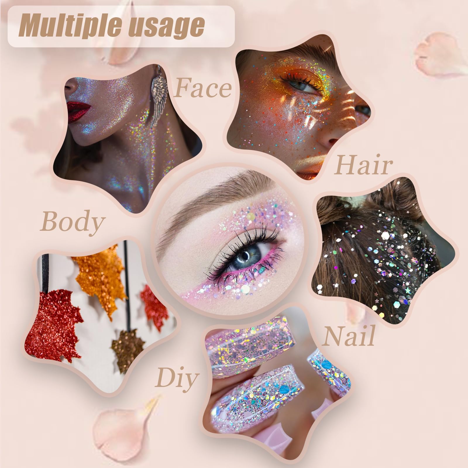 Prehot body glitter luster enhances skin with a radiant glow.