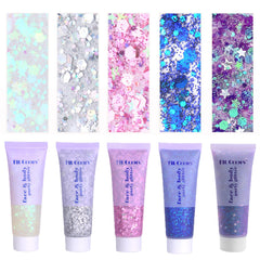 Prehot face body glitter gel with chunky sequins for radiant skin glow.