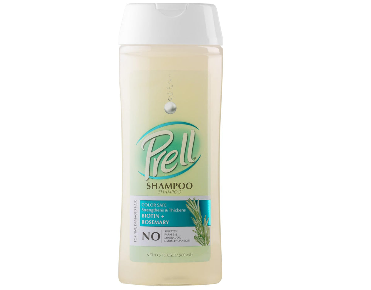 Prell Biotin Rosemary Shampoo bottle front highlights strength-boosting formula for fine hair