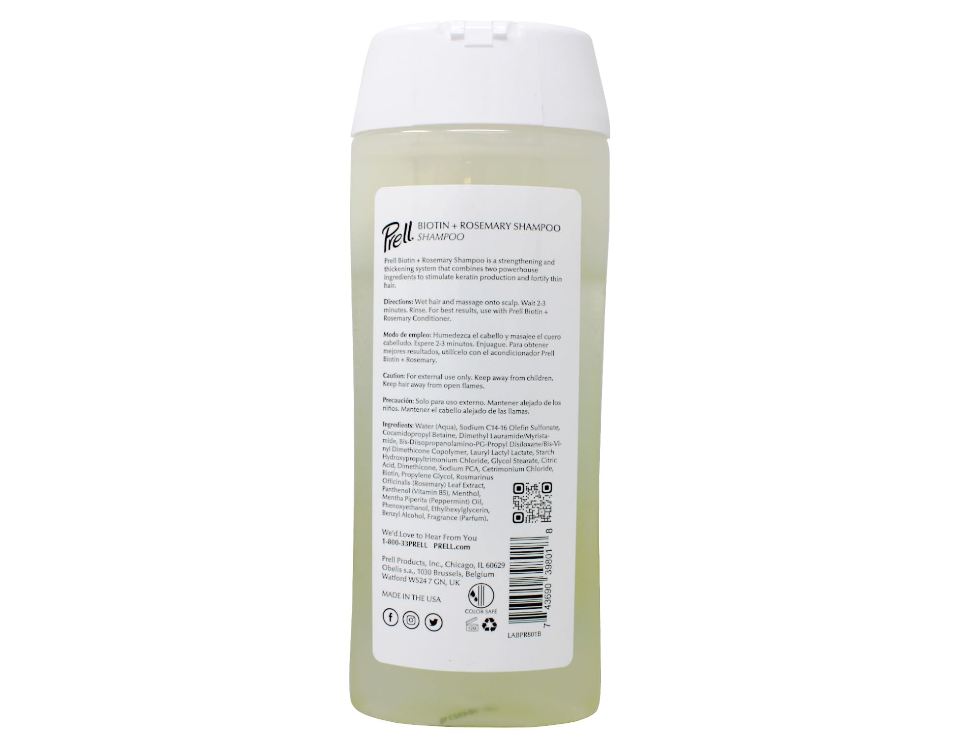 Prell Biotin Rosemary Shampoo color-safe formula image communicates suitability for color-treated hair