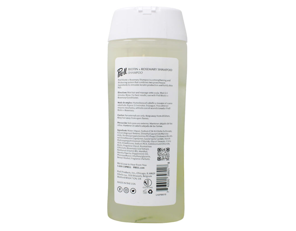 Prell Biotin Rosemary Shampoo color-safe formula image communicates suitability for color-treated hair