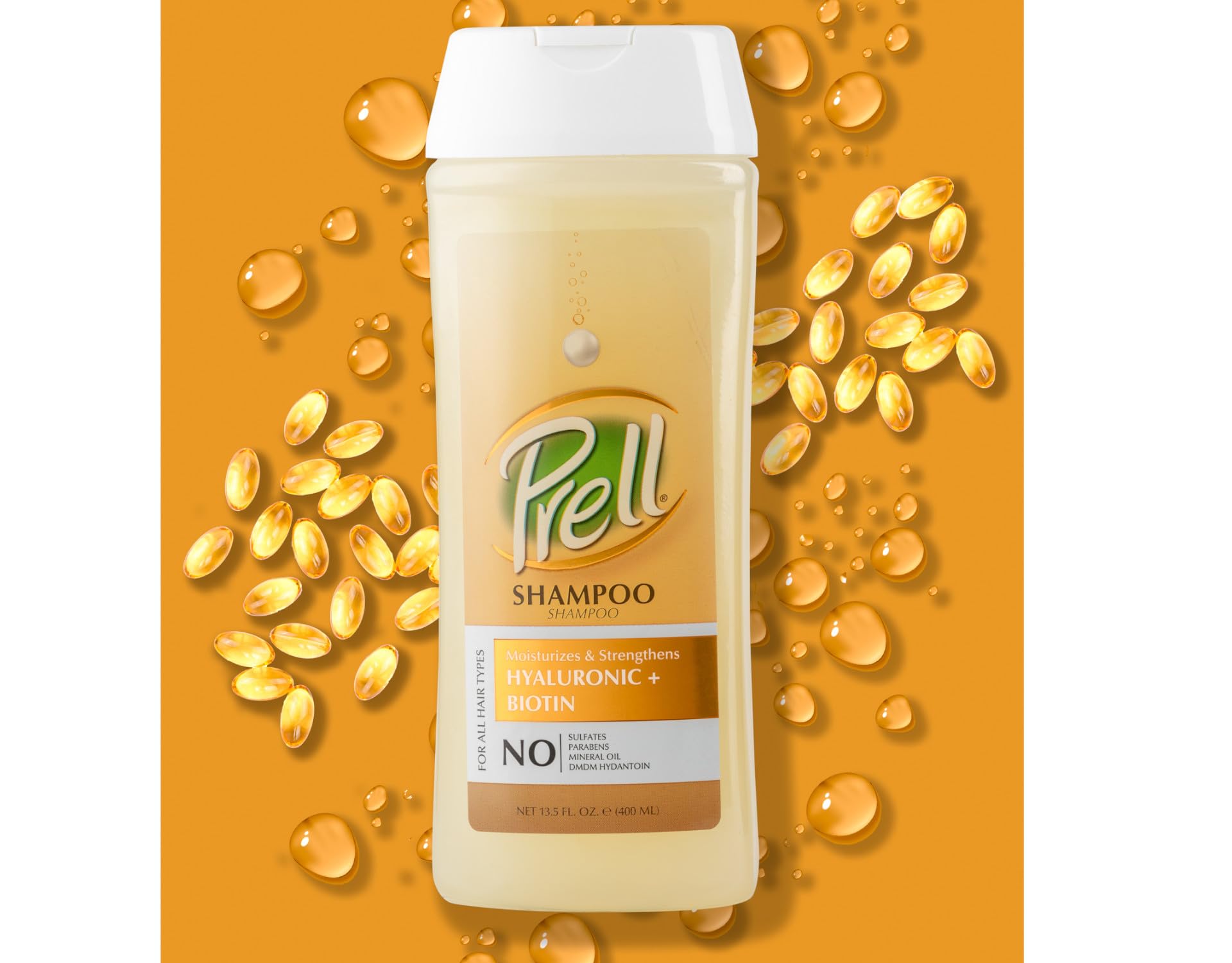 Display of Prell shampoo and conditioner set on a bathroom shelf