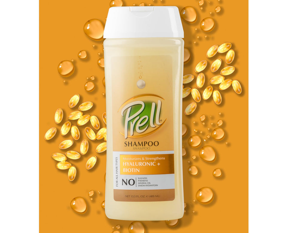 Display of Prell shampoo and conditioner set on a bathroom shelf