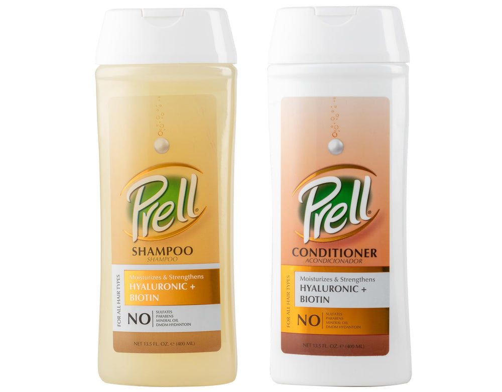 Prell Hyaluronic + Biotin Shampoo bottle highlights hydration for all hair types