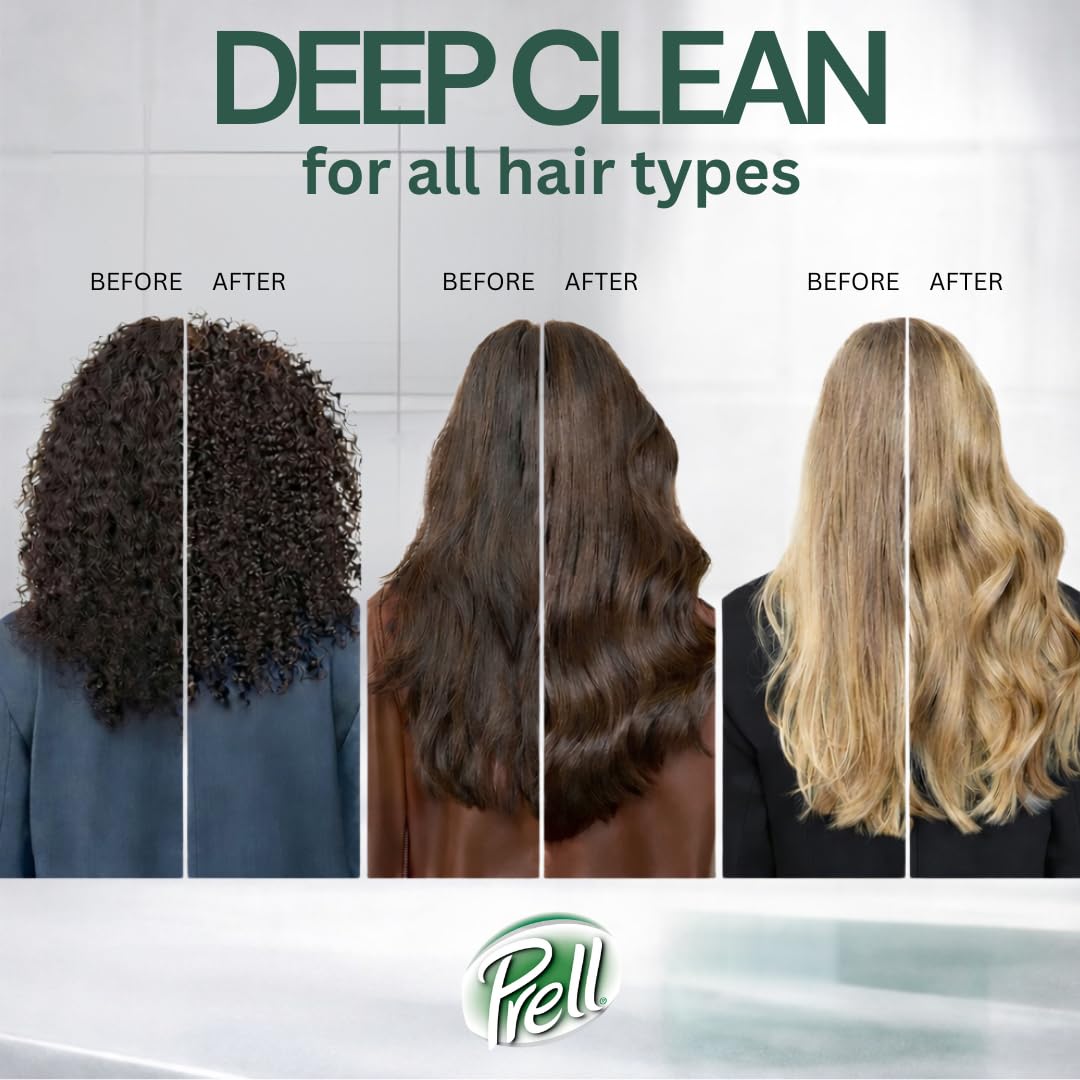 Prell Original Green Shampoo bottle and hands in shower conveying routine cleansing