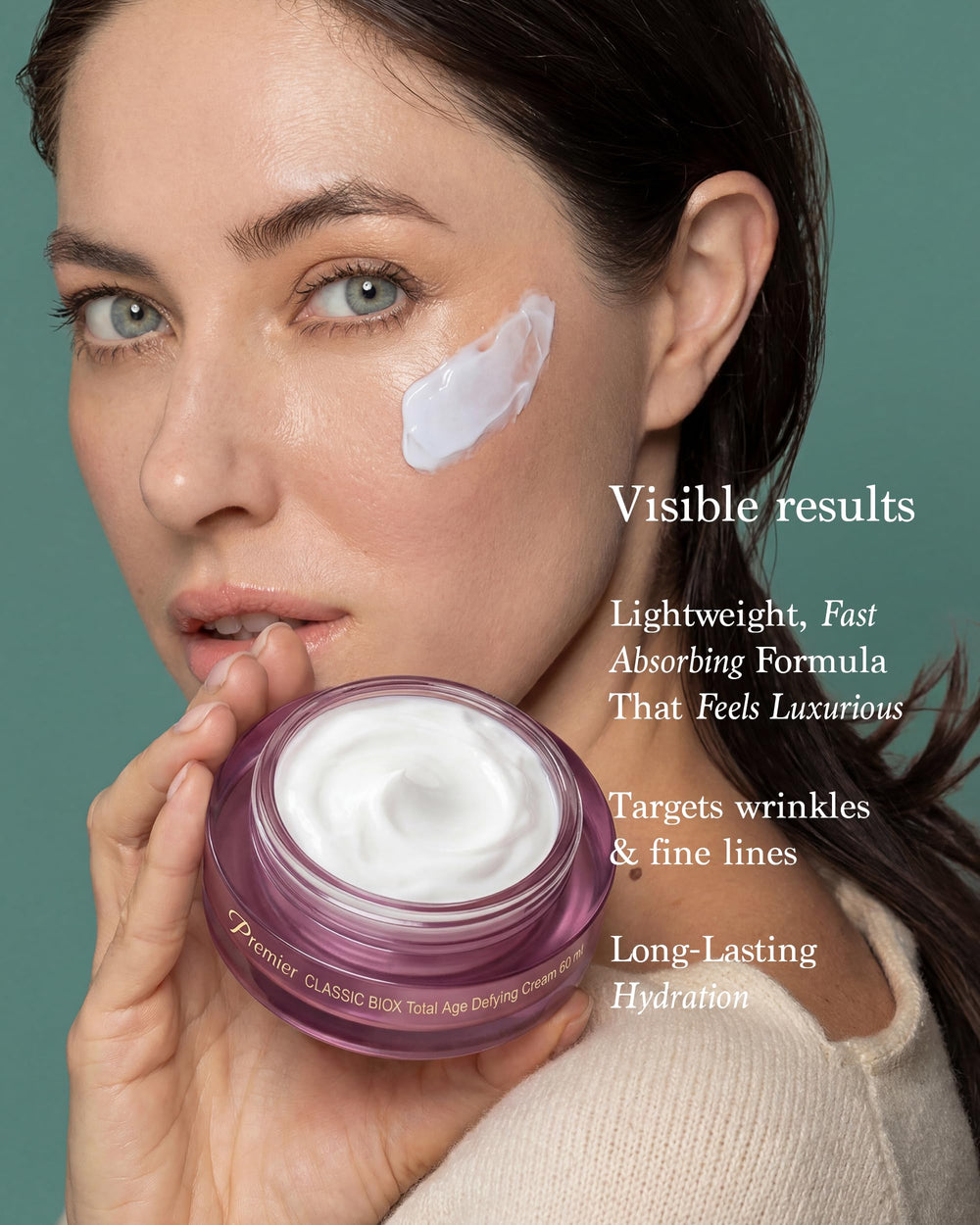 Premier BIOX anti-aging cream being applied on the face for gentle lift