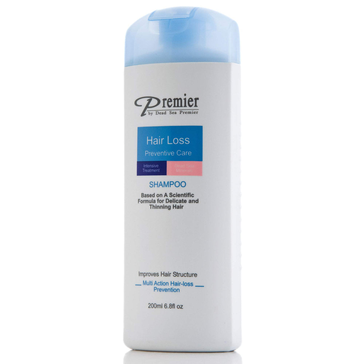 Premier Dead Sea anti hair loss shampoo bottle showcases the mineral-rich formula for daily scalp care.