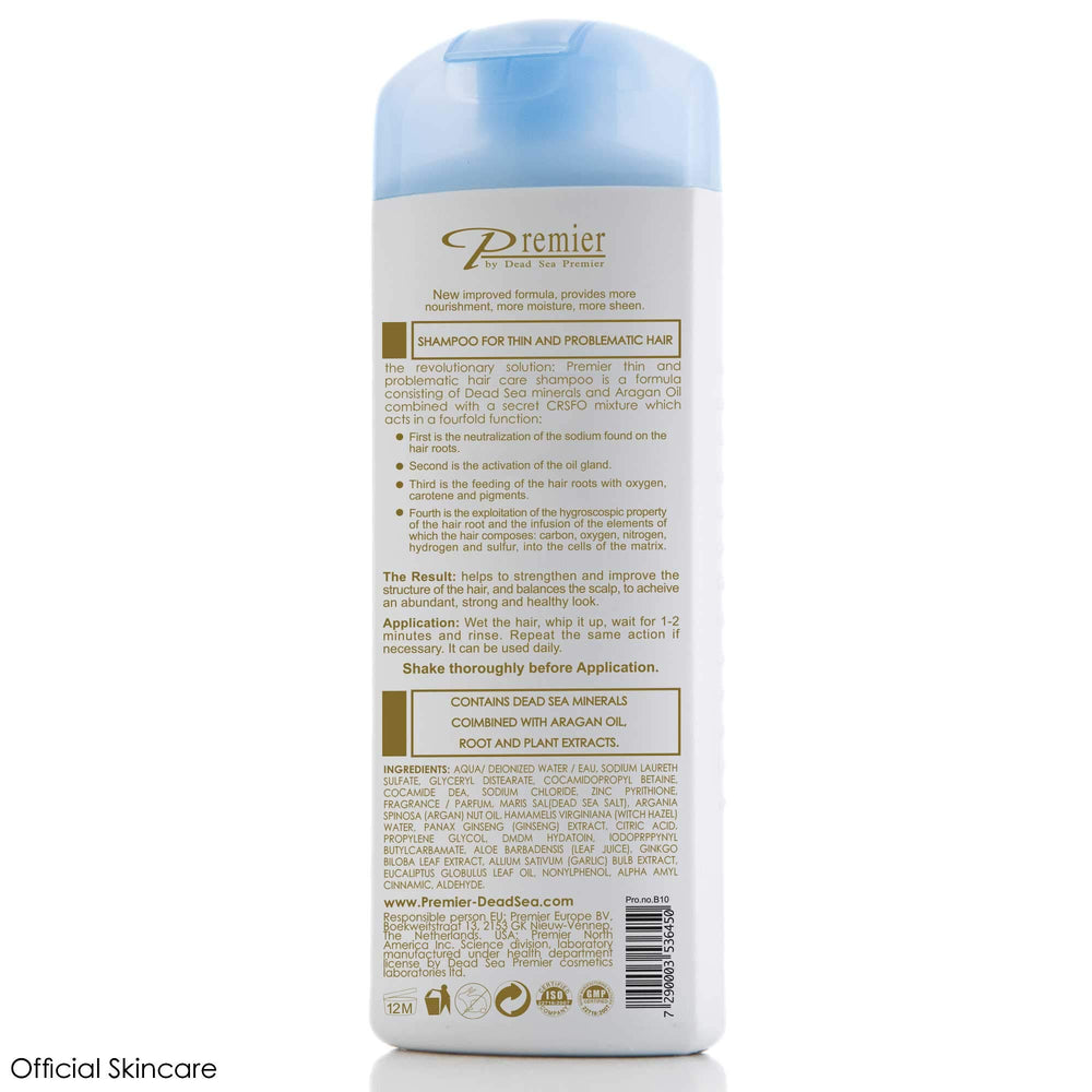 Premier Dead Sea anti hair loss shampoo box front signals premium hair care.