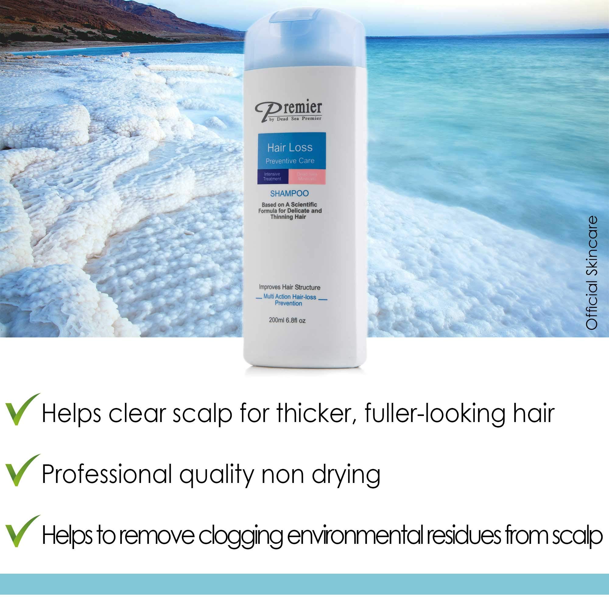 Premier Dead Sea anti hair loss shampoo label close-up reveals CRSFO blend and minerals.