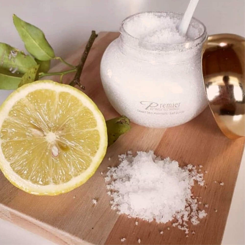 Premier Dead Sea Aromatic Salt Scrub bowl shot showcasing exfoliating salt and essential oils